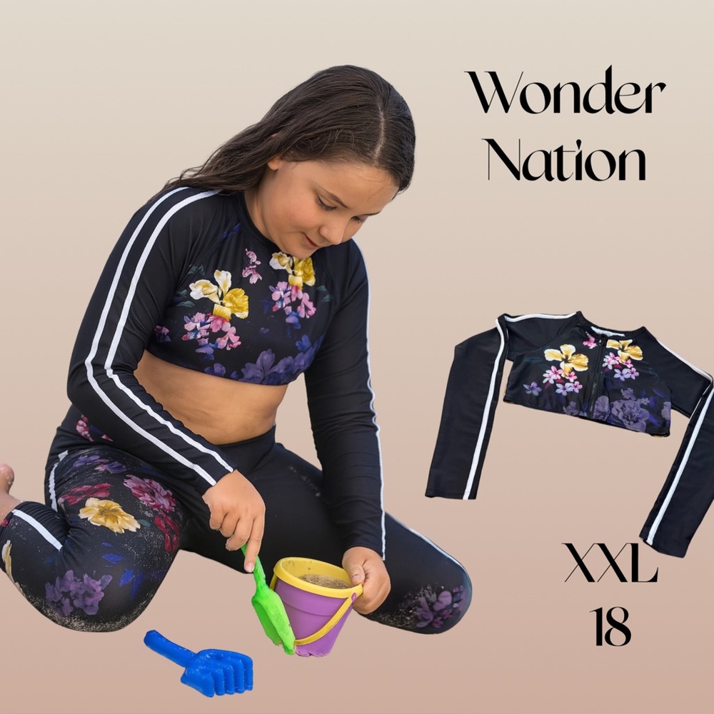 Wonder Nation Girls XXL 18 Floral Zip Rash Guard Swim Top Summer Beach Fun NWOT